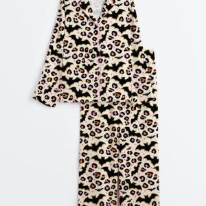 Women's Halloween Bat Leopard Long Sleeve Satin Pajamas Set