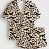 Women's Halloween Bat Leopard Short Sleeve Satin Pajama Set