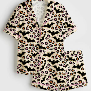 Womenâ€™s Halloween Bat Leopard Short Sleeve Satin Pajama Set