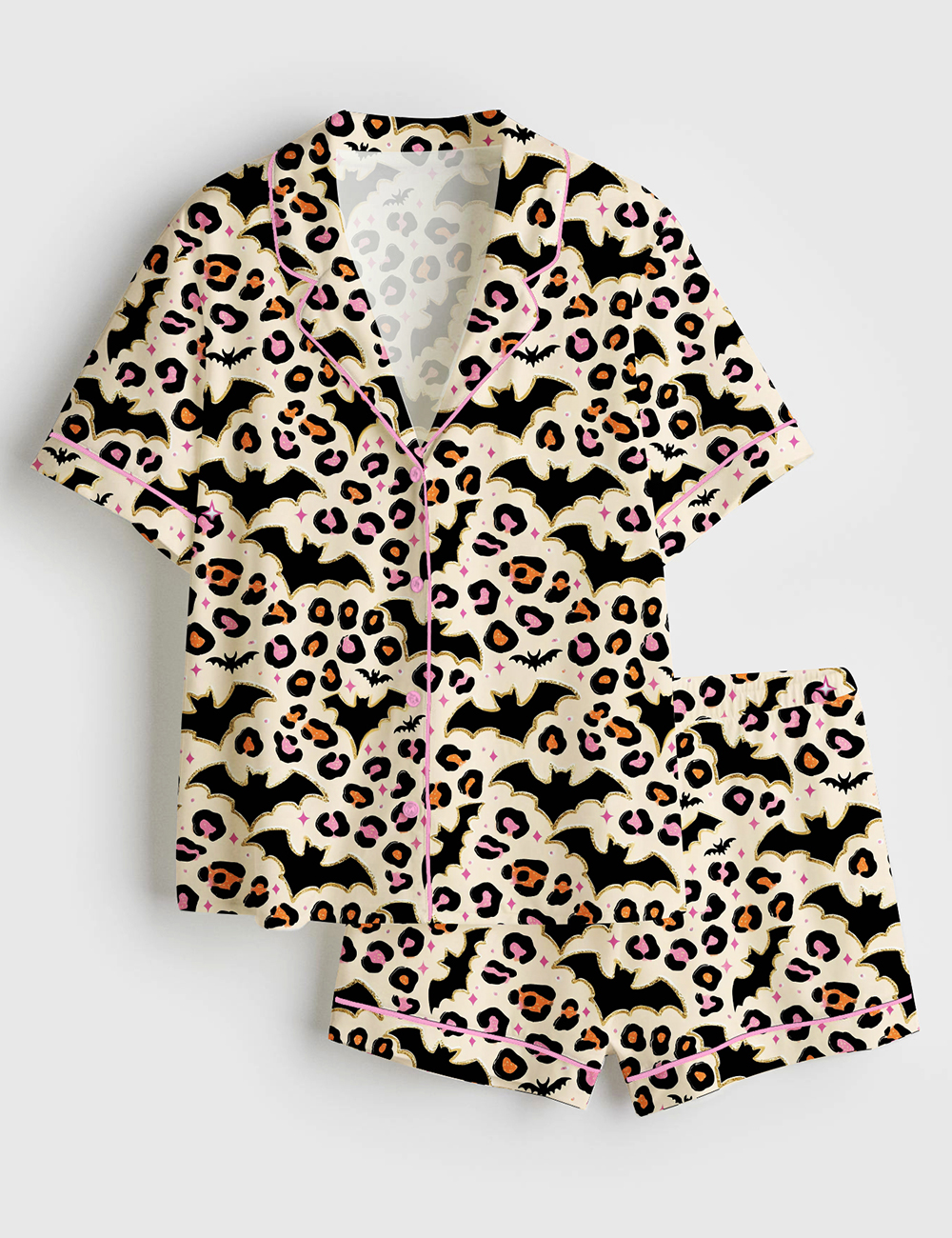 Womenâ€™s Halloween Bat Leopard Short Sleeve Satin Pajama Set