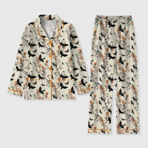 Women's Halloween Bat Long Sleeve Pocket Cotton Pajamas Set