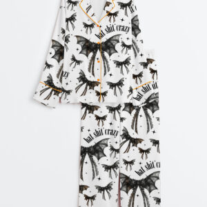 Women's Halloween Bat Shit Crazy Gothic Coquette Bow Long Sleeve Satin Pajamas Set