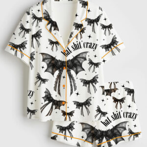 Womenâ€™s Halloween Bat Shit Crazy Gothic Coquette Bow Short Sleeve Satin Pajama Set