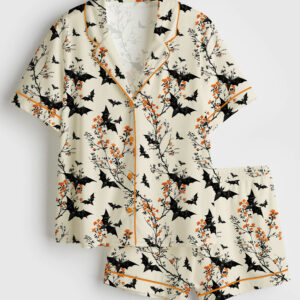 Womenâ€™s Halloween Bat Short Sleeve Satin Pajama Set