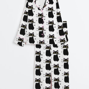 Womenâ€™s Halloween Black Cat With Knife Long Sleeve Satin Pajama Set