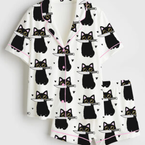 Womenâ€™s Halloween Black Cat With Knife Short Sleeve Satin Pajama Set