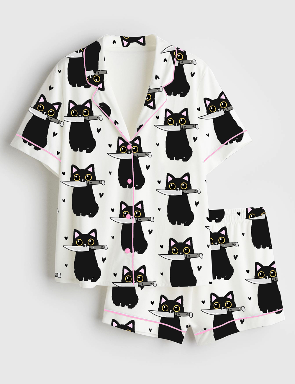 Women's Halloween Black Cat With Knife Short Sleeve Satin Pajama Set