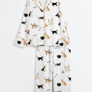 Womenâ€™s Halloween Cat Party Long Sleeve Satin Pajama Set