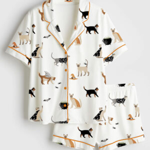 Womenâ€™s Halloween Cat Party Short Sleeve Satin Pajama Set