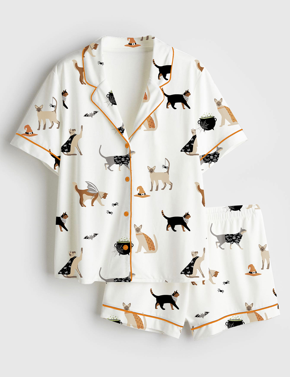 Womenâ€™s Halloween Cat Party Short Sleeve Satin Pajama Set