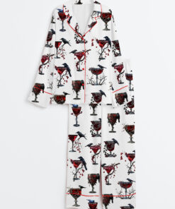 Women's Halloween Cocktail Alcohol Drinks Gothic Cocktail Black Bird Red Gothic Christmas Drinks Long Sleeve Satin Pajama Set