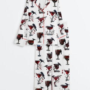 Women's Halloween Cocktail Alcohol Drinks Gothic Cocktail Black Bird Red Gothic Christmas Drinks Long Sleeve Satin Pajamas Set