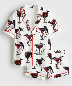 Women's Halloween Cocktail Alcohol Drinks Gothic Cocktail Black Bird Red Gothic Christmas Drinks Short Sleeve Satin Pajama Set