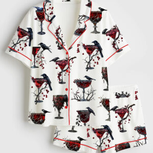 Womenâ€™s Halloween Cocktail Alcohol Drinks Gothic Cocktail Black Bird Red Gothic Christmas Drinks Short Sleeve Satin Pajama Set