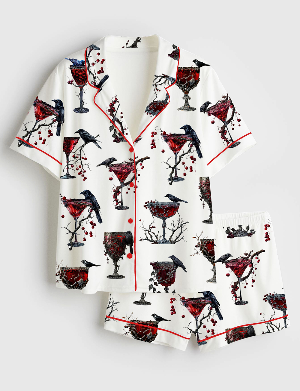Womenâ€™s Halloween Cocktail Alcohol Drinks Gothic Cocktail Black Bird Red Gothic Christmas Drinks Short Sleeve Satin Pajama Set