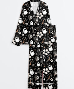 Women's Halloween Cute Ghost Halloween Mushroom Flowers Print Long Sleeve Satin Pajama Set