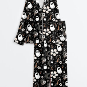 Womenâ€™s Halloween Cute Ghost Halloween Mushroom Flowers Print Long Sleeve Satin Pajama Set