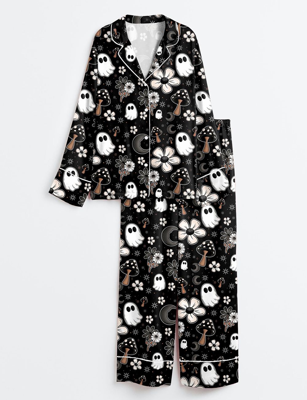 Womenâ€™s Halloween Cute Ghost Halloween Mushroom Flowers Print Long Sleeve Satin Pajama Set