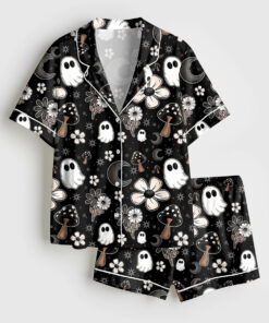 Women's Halloween Cute Ghost Halloween Mushroom Flowers Print Short Sleeve Satin Pajama Set