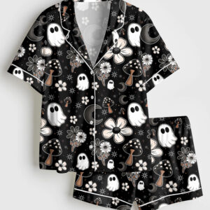 Womenâ€™s Halloween Cute Ghost Halloween Mushroom Flowers Print Short Sleeve Satin Pajama Set