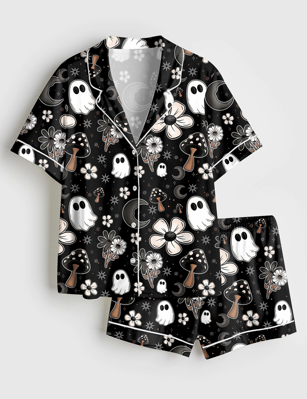 Womenâ€™s Halloween Cute Ghost Halloween Mushroom Flowers Print Short Sleeve Satin Pajama Set