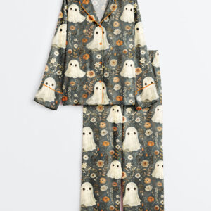 Womenâ€™s Halloween Cute Ghosts And Pumpkins Long Sleeve Satin Pajama Set