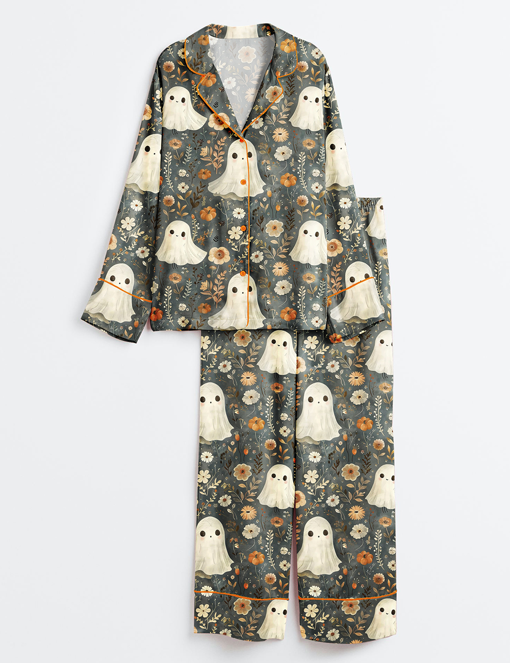 Womenâ€™s Halloween Cute Ghosts And Pumpkins Long Sleeve Satin Pajama Set