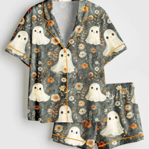 Womenâ€™s Halloween Cute Ghosts And Pumpkins Short Sleeve Satin Pajama Set