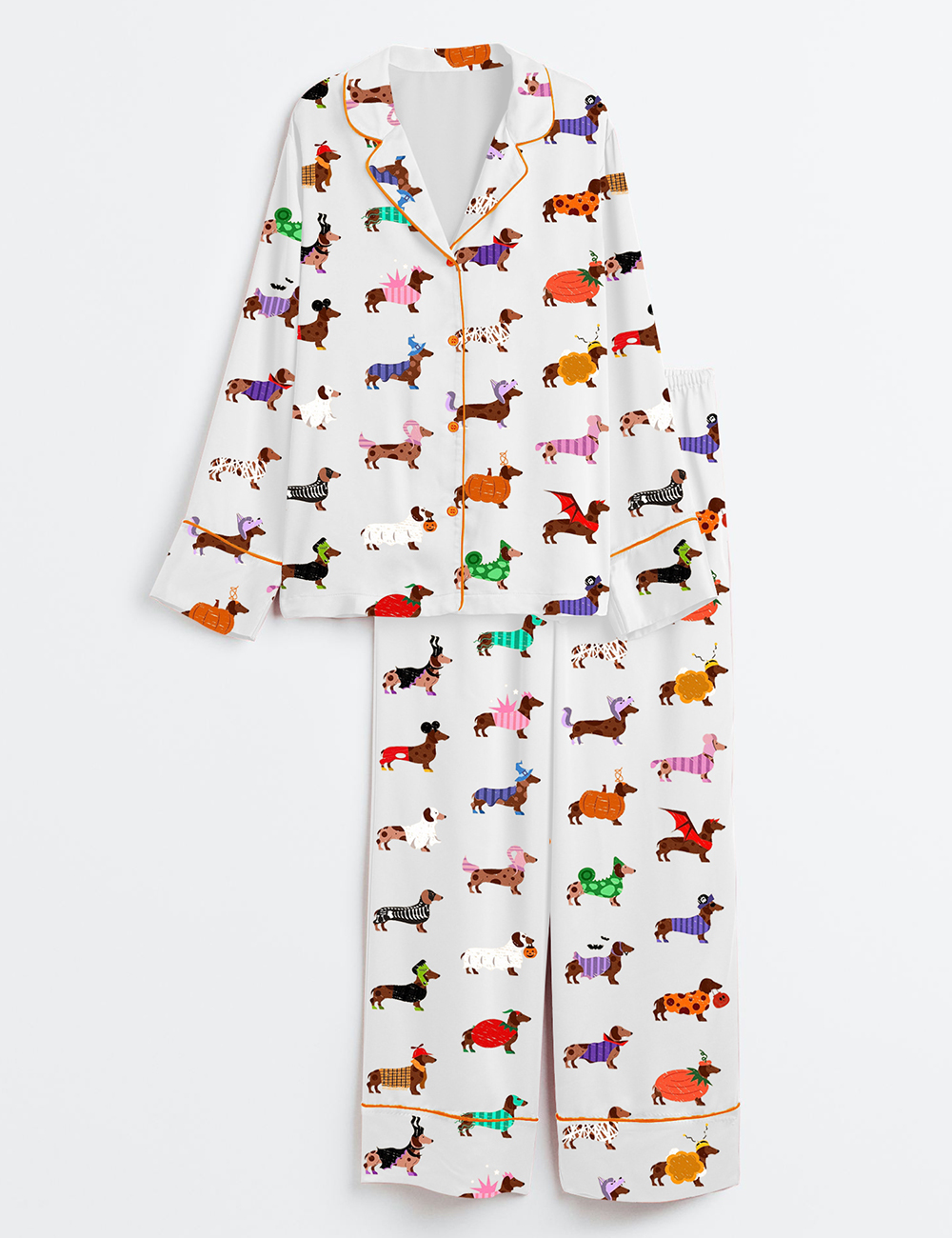 Womenâ€™s Halloween Dachshund Dog Lover Long Sleeve Satin Pajama Set