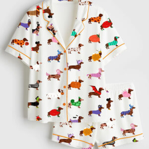Womenâ€™s Halloween Dachshund Dog Lover Short Sleeve Satin Pajama Set
