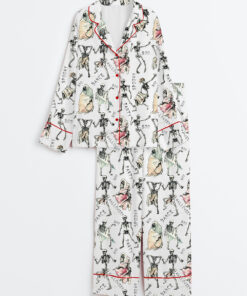 Women's Halloween Dancing Skeleton Long Sleeve Satin Pajama Set