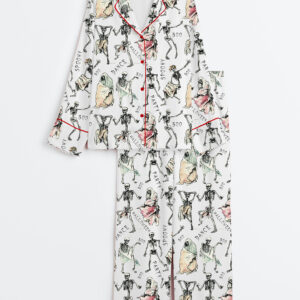 Women's Halloween Dancing Skeleton Long Sleeve Satin Pajamas Set