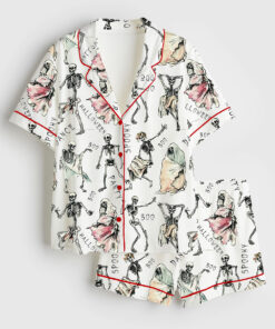 Women's Halloween Dancing Skeleton Short Sleeve Satin Pajama Set