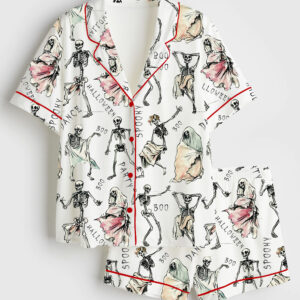 Womenâ€™s Halloween Dancing Skeleton Short Sleeve Satin Pajama Set