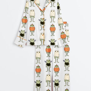 Women's Halloween Frogs Spooky Cute Toad And Frog In Pumpkin Ghost And Bat Long Sleeve Satin Pajamas Set