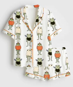 Women's Halloween Frogs Spooky Cute Toad And Frog In Pumpkin Ghost And Bat Short Sleeve Satin Pajama Set