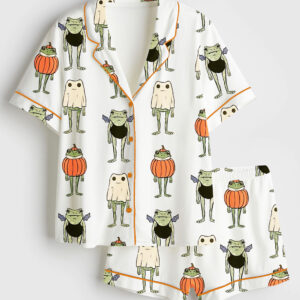 Womenâ€™s Halloween Frogs Spooky Cute Toad And Frog In Pumpkin Ghost And Bat Short Sleeve Satin Pajama Set