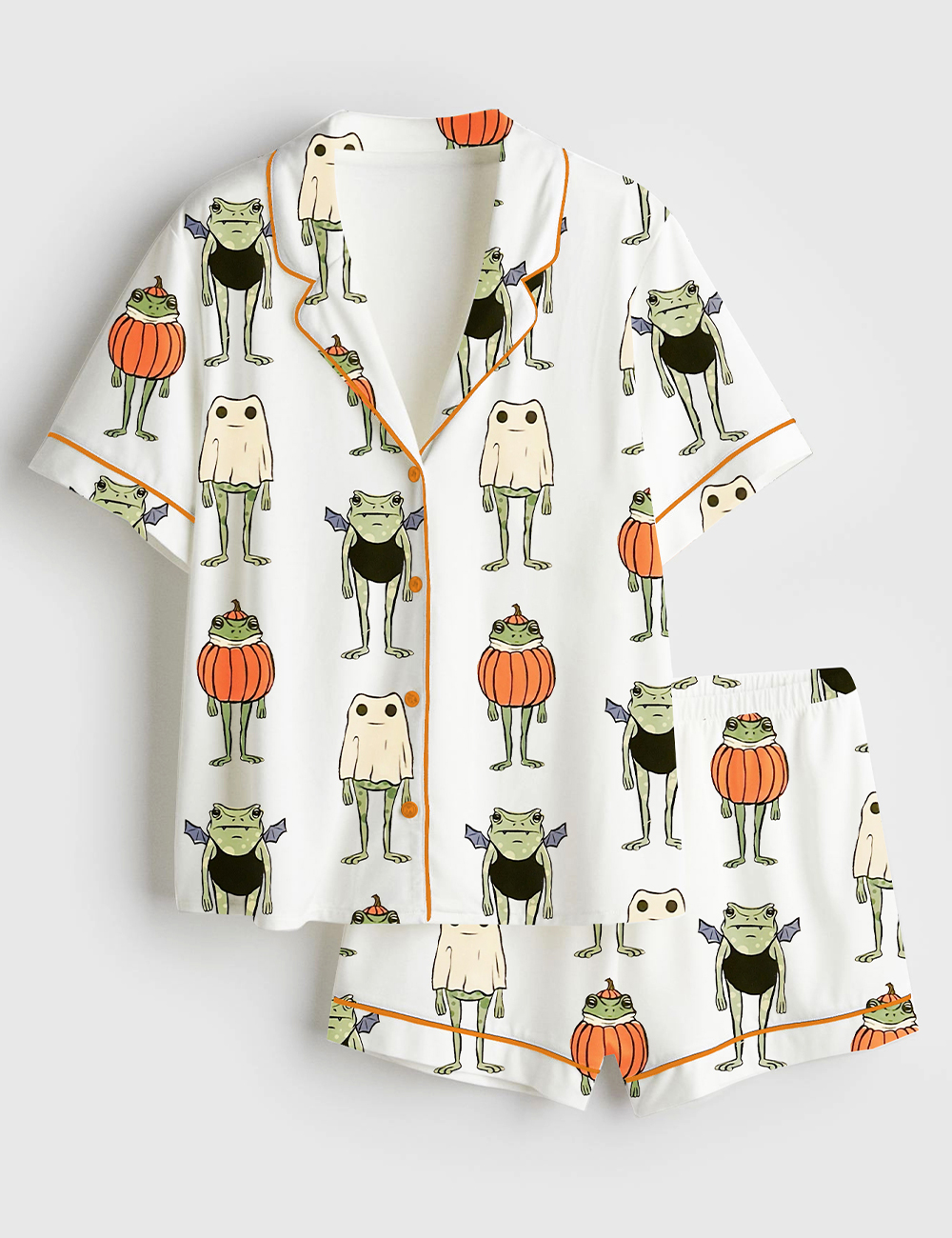 Women's Halloween Frogs Spooky Cute Toad And Frog In Pumpkin Ghost And Bat Short Sleeve Satin Pajama Set