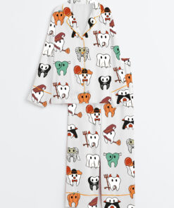 Women's Halloween Funny Teeth Spooky Dentist Dental Hygiene Long Sleeve Satin Pajama Set