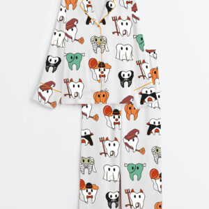 Womenâ€™s Halloween Funny Teeth Spooky Dentist Dental Hygiene Long Sleeve Satin Pajama Set