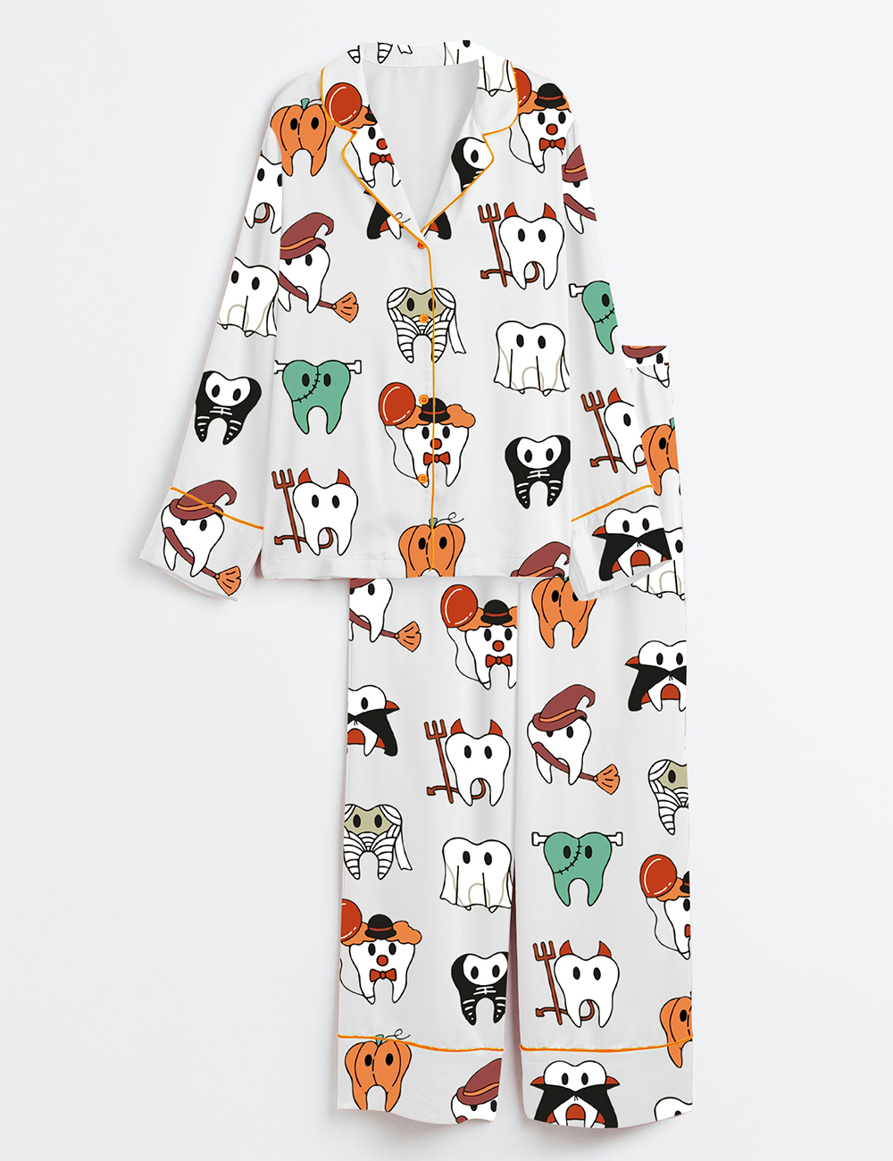 Womenâ€™s Halloween Funny Teeth Spooky Dentist Dental Hygiene Long Sleeve Satin Pajama Set