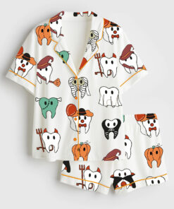 Women's Halloween Funny Teeth Spooky Dentist Dental Hygiene Short Sleeve Satin Pajama Set