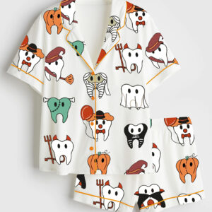 Womenâ€™s Halloween Funny Teeth Spooky Dentist Dental Hygiene Short Sleeve Satin Pajama Set