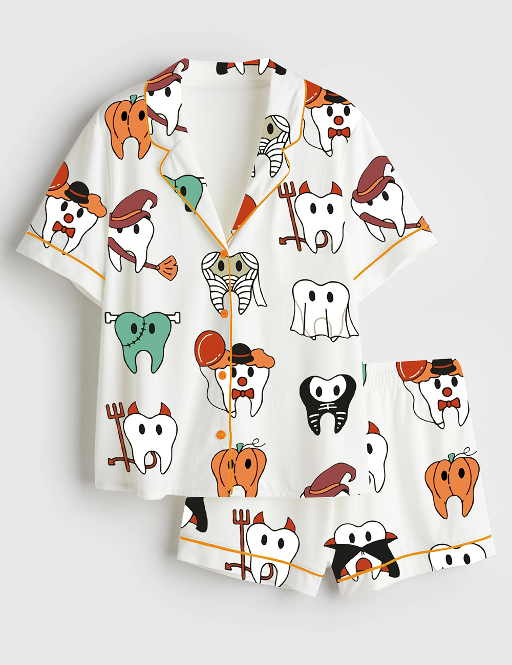 Womenâ€™s Halloween Funny Teeth Spooky Dentist Dental Hygiene Short Sleeve Satin Pajama Set