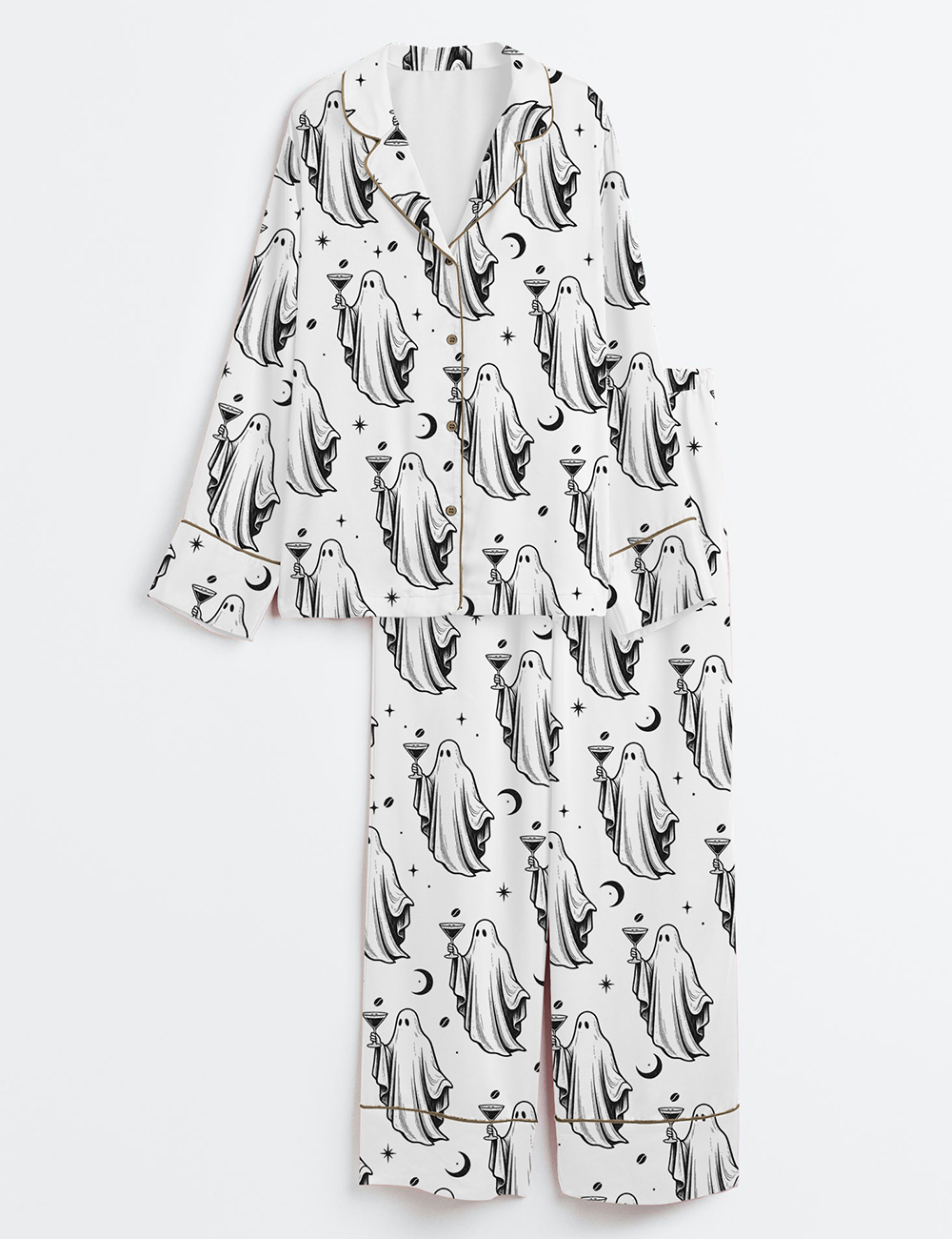 Women's Halloween Ghost Cocktail Espresso Martini Long Sleeve Satin Pajama Set