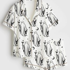 Womenâ€™s Halloween Ghost Cocktail Espresso Martini Short Sleeve Satin Pajama Set