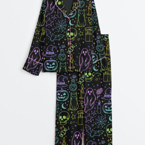 Womenâ€™s Halloween Neon Cute Boo Ghost Coquette Spooky Season Horror Movie Horror Night Print Long Sleeve Satin Pajama Set