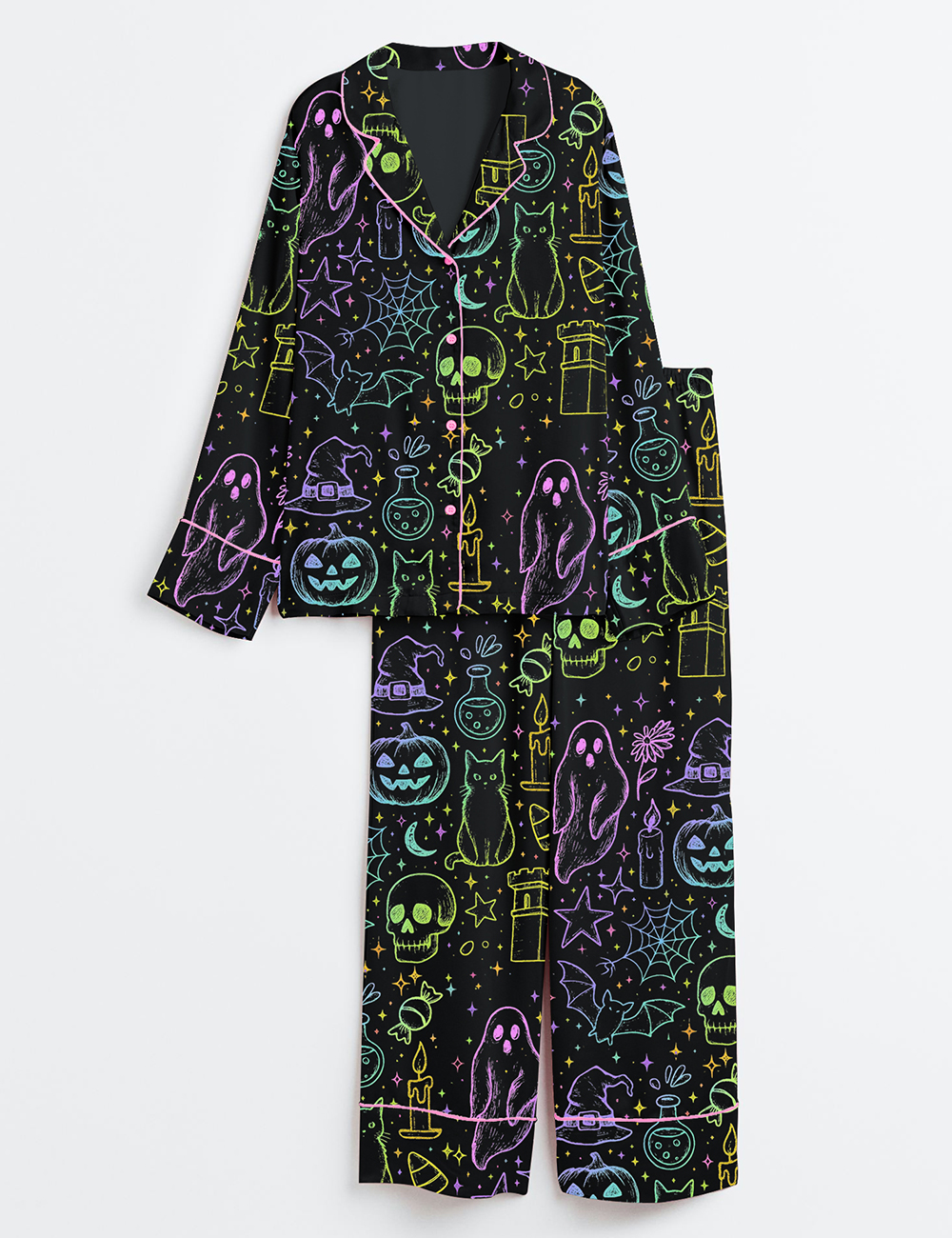 Womenâ€™s Halloween Neon Cute Boo Ghost Coquette Spooky Season Horror Movie Horror Night Print Long Sleeve Satin Pajama Set