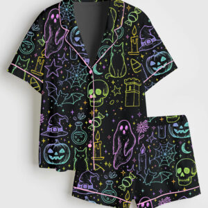 Womenâ€™s Halloween Neon Cute Boo Ghost Coquette Spooky Season Horror Movie Horror Night Print Short Sleeve Satin Pajama Set