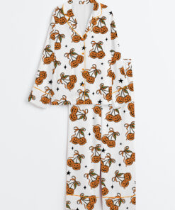 Women's Halloween Pumpkin Cheeries Coquette Long Sleeve Satin Pajama Set